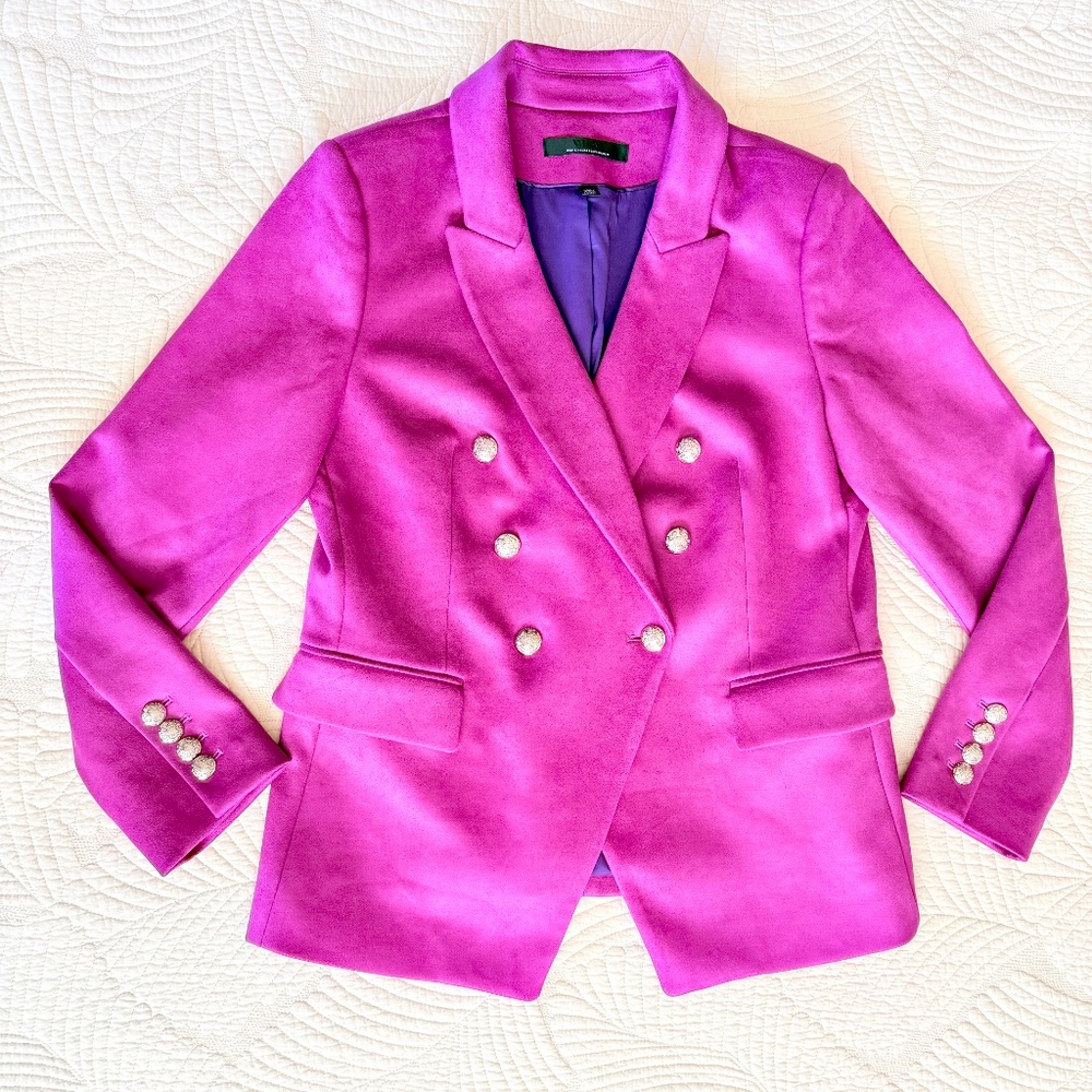 Bold Magenta Preppy Career Faux Suede Double Breasted Studio Blazer WHBM Size 12 - Picture 9 of 17